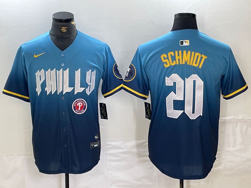 Men Philadelphia Phillies #20 Schmidt Blue City Edition Nike 2024 MLB Jersey style 2